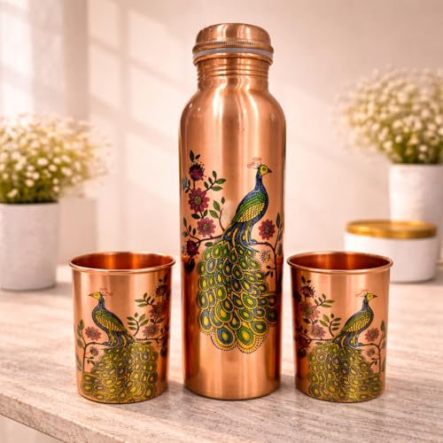 Image of JAIPUR ACE Pure Copper Water Bottle with Glass Set Peacock Design | 100% Copper Drinking Bottle Set I Ayurvedic Health Benefits Leak Proof Premium Designer Bottle Set for Home Office (Royal Peacock)