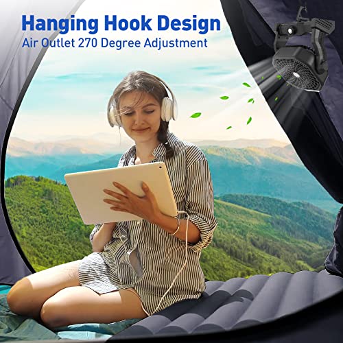 Portable Fan,10400Mah Rechargeable Fan Battery Operated Fan,Quiet And Adjustable Head Tent Fan With Light And Hook,Small Usb Camping Fan For Tents Outdoor Activities Travel Beach Bbq Hurricane(Black) #TOP4