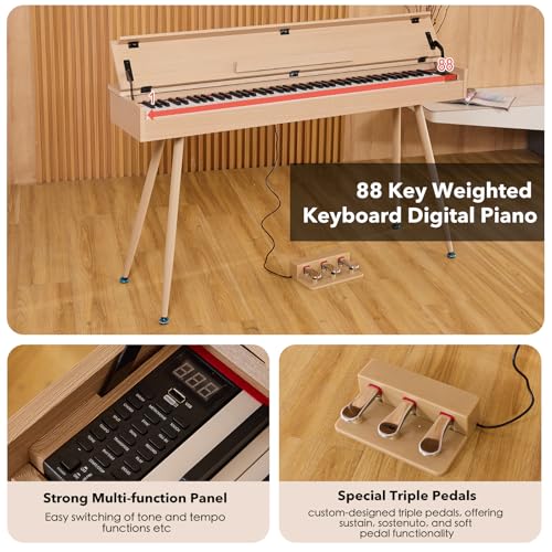 Image of Digital Piano 88 Key Weighted Keyboard,Full-Size Desk Progressive Hammer-Action Electric Piano For Beginners, With Sheet Music Stand, Pedal,Power Adapter, Headphone Mode, Usb-Mid (Maple)
