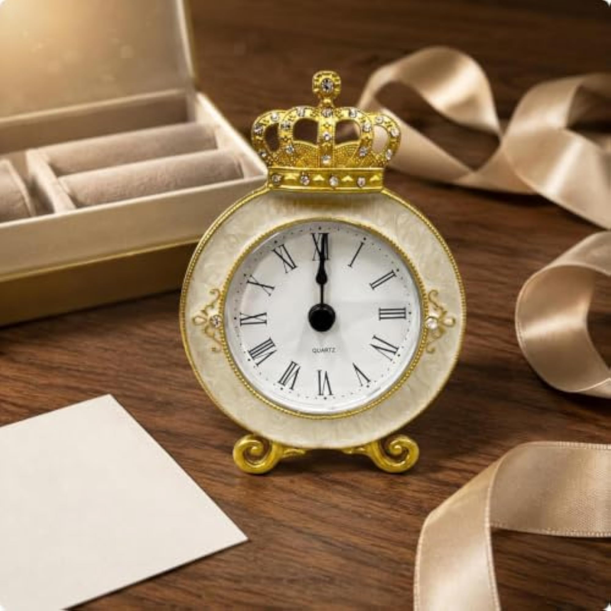 Crown Mantel Clock with Rhinestones, Beige