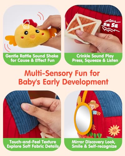 Image of hahaland Baby Toys 6-12 Months - Surprise Barn Stuffed Farm Animals Plush | 6 Month Old Montessori Toys with Rattle Crinkle Sound, Texures, Mirror, Infant Sensory Balls 7 8 9 Month Old Baby Boy Gifts