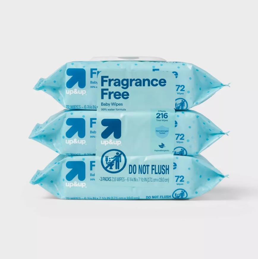 Up&up Fragrance Free Baby Wipes, Unscented, Hypoallergenic, Ethyl Alcohol-Free, Viscose, 216 Count
