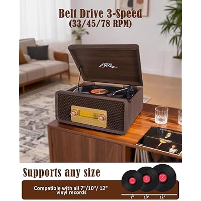 OTIC All-in-One Vinyl Record Player with Speakers, 3-Speed Turntable, Bluetooth Wireless Playback AM/FM Radio Aux-in, Auto-Stop Retro Wooden Design Home Audio&Gift for Music Lovers