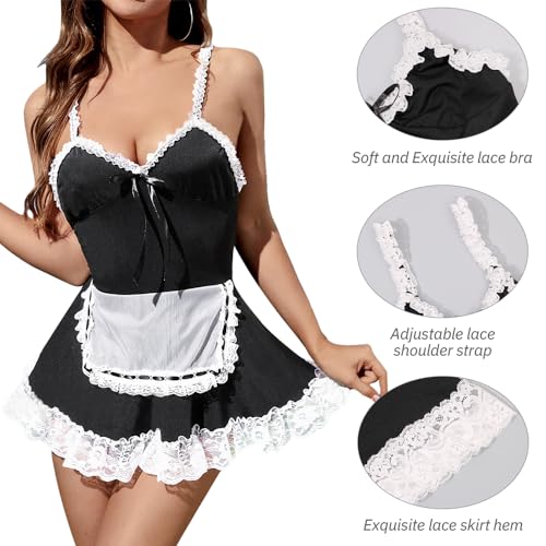Sexy Weihnachten Maid Kostüm Cosplay Dessous Outfits 2-Teiliges Set aus Kleid und String Dienstmädchen Rollenspiel Kostüm Minikleid mit Schürze Lace Dress Dessous Nachtwäsche für Weihnachten – Bild 3