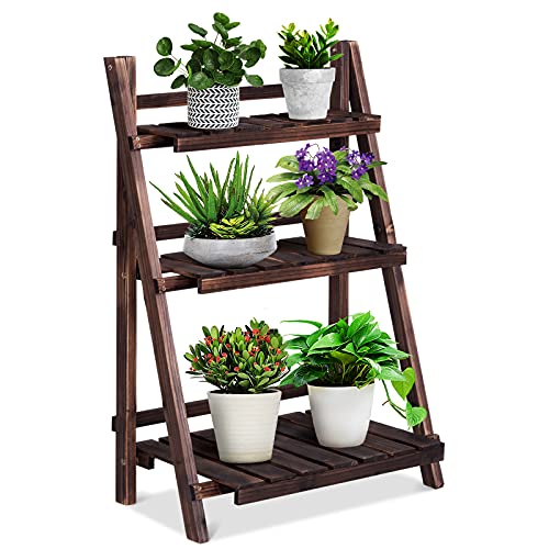 Giantex 3 Tier Folding Wooden Plant Stand, Indoor Flower Pot Holder Display Rack, Free Installation Corner Plants Storage Shelf, Foldable Rustic Wood Ladder Shelf for Home Patio Balcony Garden