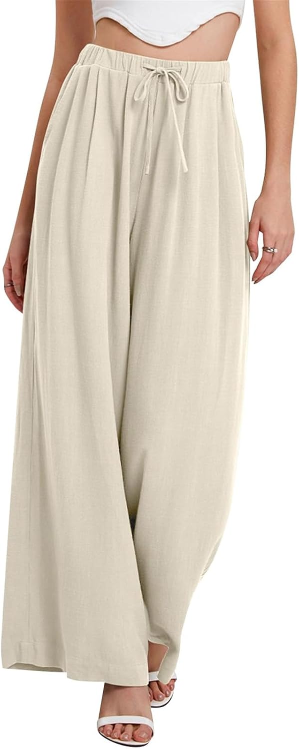 Linen Pants for Women Casual Wide Leg Pants Summer Flowy High Waisted Beach Palazzo Trousers Travel Vacation Pants