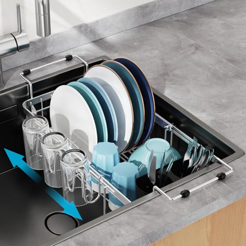 GSlife Expandable in Sink Small Dish Drying Rack - Stainless Steel Capacity Adjustable Over The Sink Dish Rack with Cup Holder and Utensil Holder, 30.5-42.7L x 26.4W x 14.5H cm, Silver by GSlife - Used condition - CA$21.79