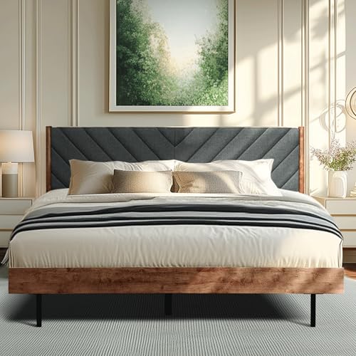 Acacia Astoria Solid Wood Upholstered Bed Frame, Queen Platform Bed Frame with Headboard, Elegant Design, Durable Construction for Luxurious Comfort, Walnut