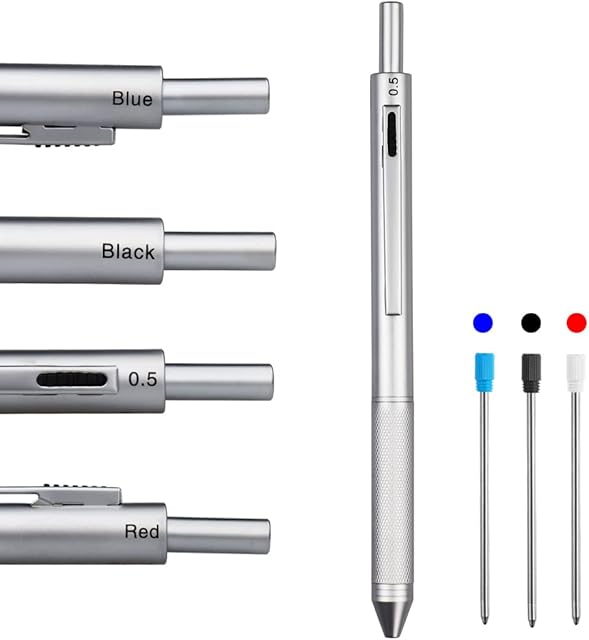 HeTaoCat 4 in 1 Multicolor pen, Metal Cased Multifunction Pen, 0.5mm Mechanical Pencil, Red Ball Pen, Blue Ball Pen and Black Ball Pen (Silver)