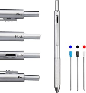 HeTaoCat 4 in 1 Multicolor pen, Metal Cased Multifunction Pen, 0.5mm Mechanical Pencil, Red Ball Pen, Blue Ball Pen and Black Ball Pen (Silver)