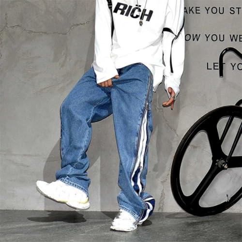 Men’S Streetwear Side Zipper Baggy Stacked Skateboard Denim Cargo Pants Slim Fit Button Fly Midweight Full Length Jeans3