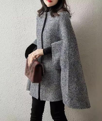 xxxiticat Women's Cape Coat 3/4 Quarter Sleeve Single Breasted Button Plaid Cloak Poncho Jacket Pea Coat Winter Outerwear2
