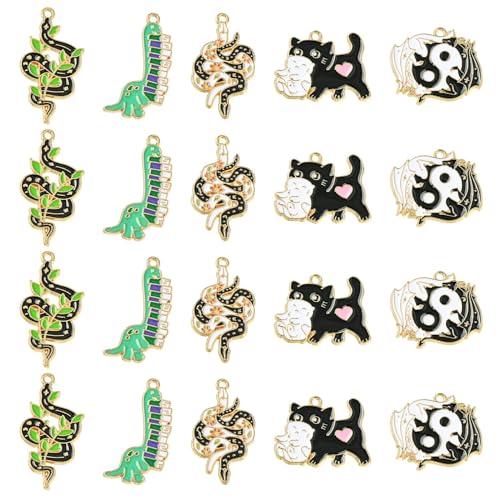 Stiesy 20Pcs 5 Styles Enamel Animal Charms Cat Snake Pendant Charm Dragon Dinosaur Dangle Charms for Jewellery Making Bracelet Crafting Necklaces