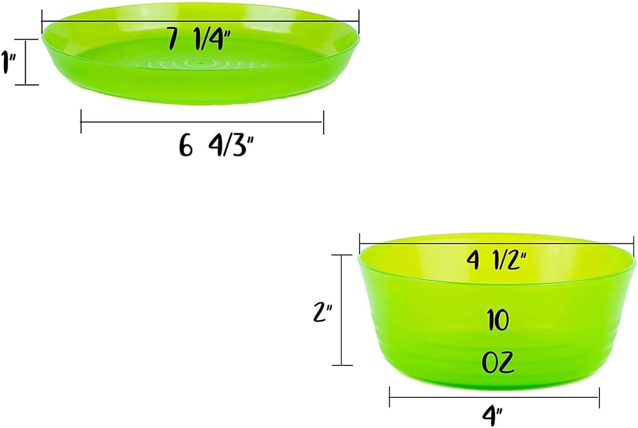 Kids Plastic Dinnerware Set of 12 Multi Color Pieces (Plates and Bowls) - Reusable, BPA-Free, Dishwasher Safe and Microwaveable (Purple, Pink, Orange, Yellow, Green, Blue, 24 Pieces)
