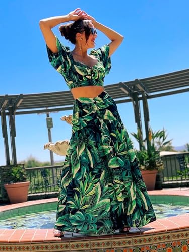 BRANCHEÉ BY E&D Women's Summer 2 Piece Outfits Floral Print Crop Puff Sleeve Tops Maxi Skirt Sets Long Dress2