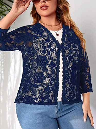 Women's Plus Size 3/4 Sleeve Bolero Shrugs Crochet Lace Open Front Cardigan4