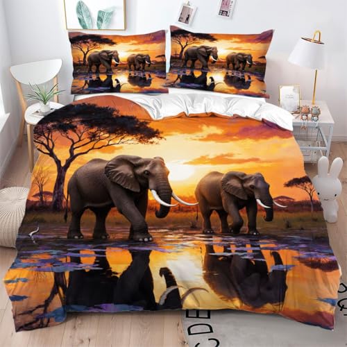 Fotmung Parure de Lit 160x200 Animaux 3D éLéPhant, Housse de Couette 160x200 cm avec 2 Taies d'oreiller 65x65 cm, Ensemble de Literie pour Adulte Enfant avec Fermeture Éclair-B357