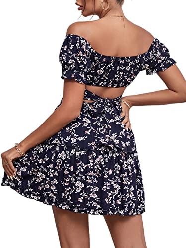 Lyaner Women's 2 Piece Outfits Floral Off Shoulder Tie Up Crop Top And Mini Skirt Set Navy Medium #TOP1