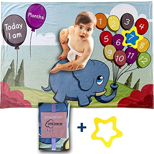 DREAM.IN Baby Milestone Blanket | Minky Soft Fleece Fabric, Boys Girls Unisex | Includes Felt Frame | Large 40