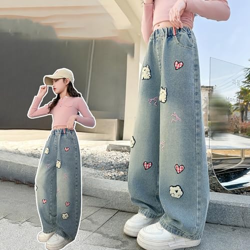 Girls Baggy Wide Leg Jeans Cute Embroidered Y2K Denim Pants High Elastic Waisted Casual Loose Streetwear Jeans Trousers3