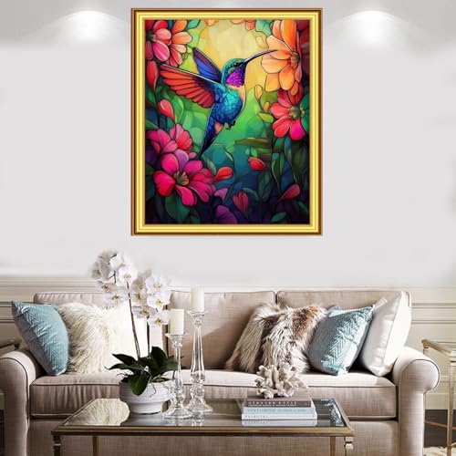 Image of Foxnyart Stamped Cross Stitch Kits Full Range of Embroidery Needlework Starter Kits for Beginners Adults 11CT Embroidery Patterns Art Crafts DIY Needlepoint Kit-Colorful Flower Hummingbird 16x20 inch
