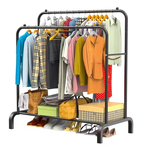 FIRFIT Burro de Ropa Doble – Perchero Colgador Metálico 110 x 150 x 54 cm, Resistente, con Estante para Zapatos, Organizador de Vestidor, Montaje Fácil, Diseño Estable, Negro