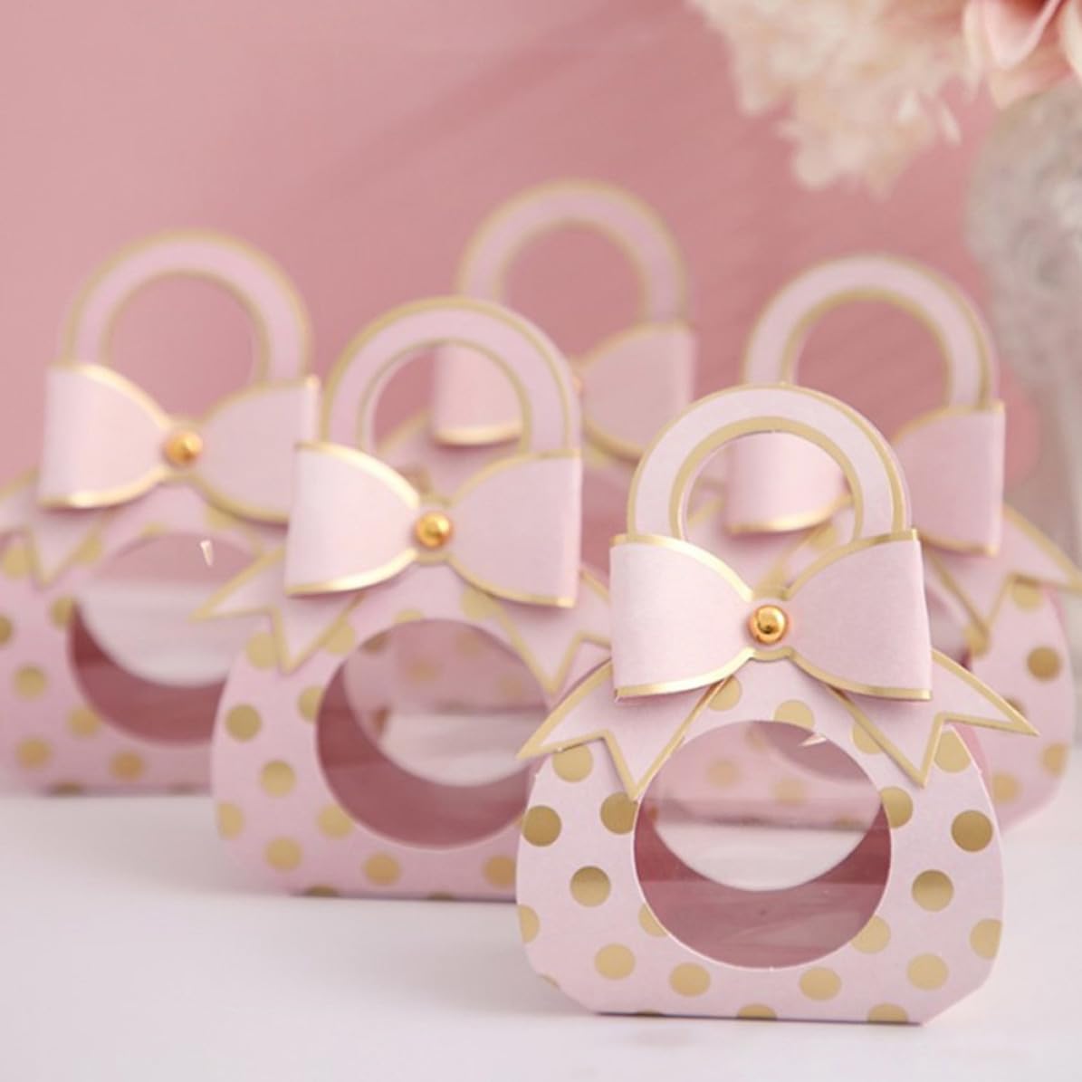 50 Pezzi Scatola per Regalo in Carta Rosa Finestra Trasparente e Manico, Contenitore Creativo per Dolci e Piccoli Oggetti, per Feste di Matrimonio e Party