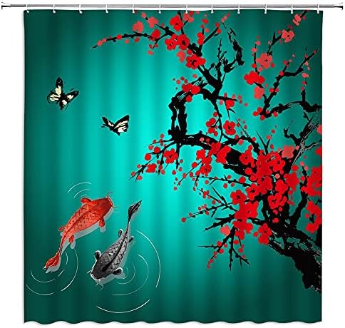 SHOWCHANG Asian Shower Curtain Red Cherry Blossom Japanese Flower Branch Koi Fish Oriental Antique Chinese Ink Painting Landscape Bathroom Decor Set with Hooks（70" WX70 H）