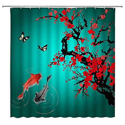 Showchang Red Cherry Blossom Shower Curtain Asian Japanese Flower Branch Koi Fish Oriental Antique Chinese Ink Painting Landscape Bathroom Decor Set With Hooks（70 Inch Wx70 H） cover