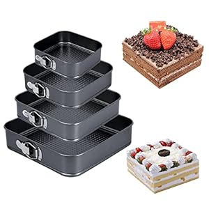 Set of 4 Springform Cake Tins 22/24/26/28 cm Square Baking Tin with Non-Stick Coating Leak-proof Cake Tin Square Baking Tin Made of Steel, Black Flat Base Cake Tin Set