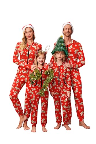 Ekouaer Christmas Matching Family Onesie Pajamas Hoodie One Piece Pajamas Zipper Thermal Sleepwear with Pockets Family Red Elk Print M