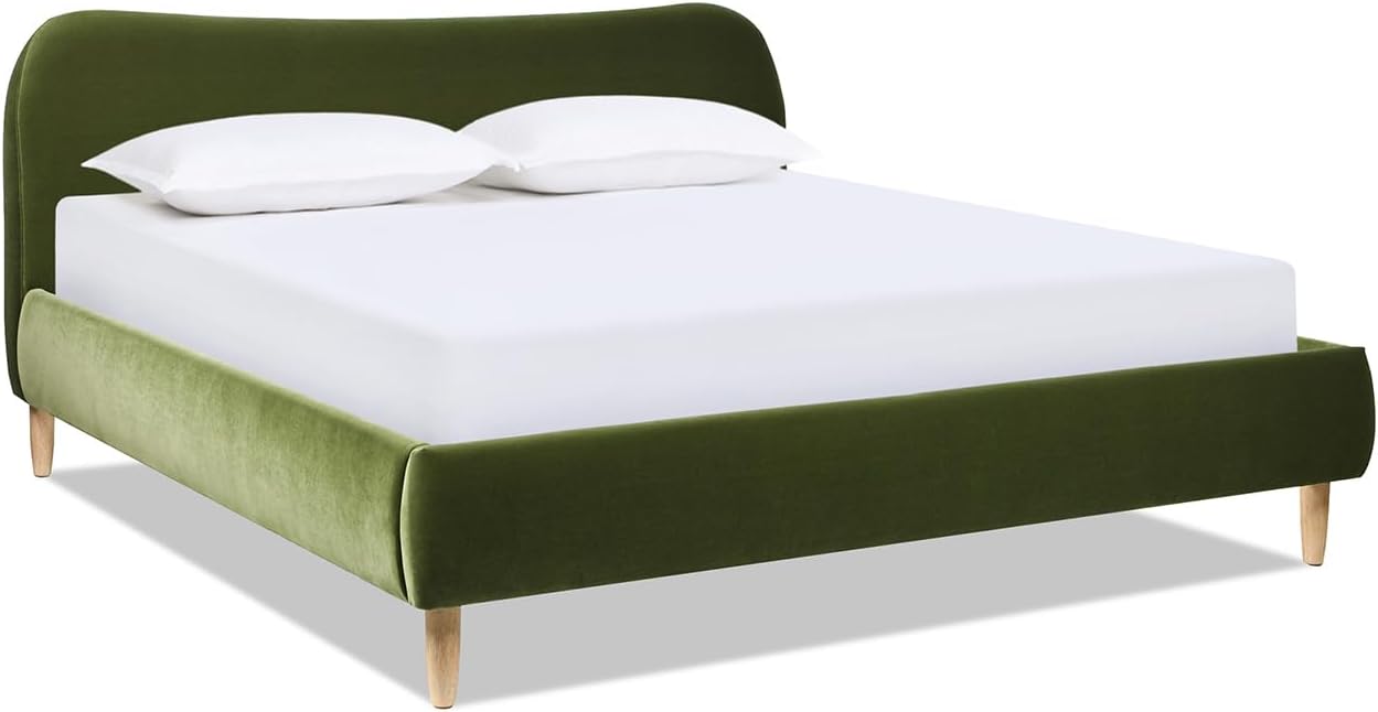 მხარე view of the upholstered platform bed frame without a mattress, showing the side rail connected to the headboard and footboard.