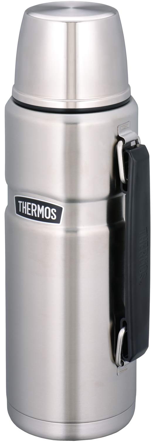 Thermos RaMokey Trinkflasche, 1.2 Milliliter, Edelstahl, 24 Stunden Heiß, 24 Stunden Kalt, Sport, Grau mit Blauer Kappe