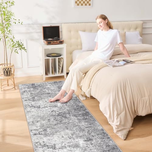 3X10 Washable Runner Rug for Hallway: Soft Neutral Modern Abstract Area Rug - Non-Slip Low Pile Long Throw Indoor Carpet for Kitchen Entryway Kitchen Bedroom Laundry - Grey