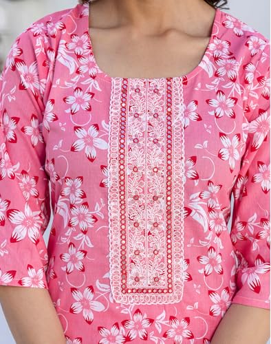 Image of SKYLEE Cotton Printed, Embroidery and Mirror Work A-Line Kurta Set with Dupatta