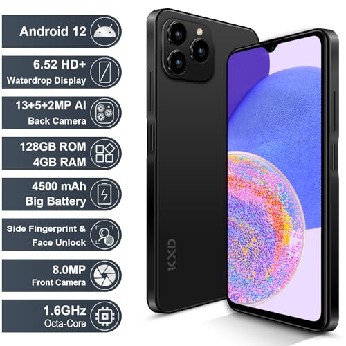 KXD A07 Unlock Cell Phone, Android 12 Unlocked Phone, 4500mAh 10W Fast Smartphones, 13MP+8MP, 6.52Inch HD+, 8GB + 128GB/SD 256GB Mobile Phone, Fingerprint/Face ID, 4G Dual SIM Phone - Black - Image 3