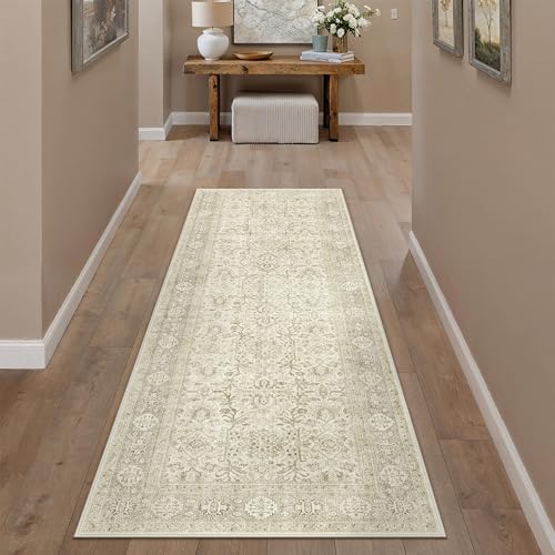 Beige Runner Rug 2x6 Vintage Area Carpet Hallway Long Indoor Kitchen Washable Living Room Low Pile Traditional Distressed Retro Accent Throw Rug Non Slip Laundry Bathroom Office 2' x 6' (Run