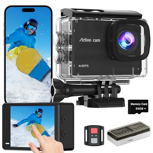 TIMNUT Cámara Deportiva con Pantalla Táctil 4K60FPS, 40M Cámara Subacuática con Tarjeta SD 64G, 48MP Videocámara HD WiFi con EIS, Zoom 8X, Cámara de Acción con 2 baterías de 1350 mAh