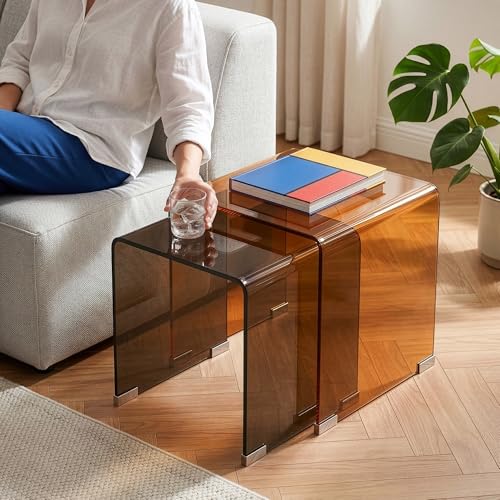 [en.casa] Tables Basses Gigognes Lot de 2 Kariengem en Verre Trempé Bout de Canapé Table de Chevet Peu Encombrant Moderne Stable Gain de Place pour Salon...