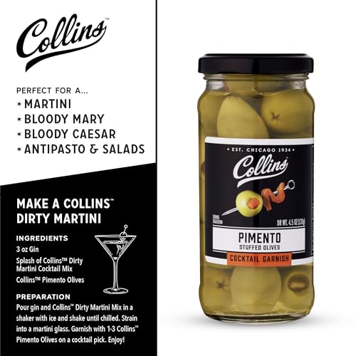 Collins Pimento Olives | Spanish Pimento Stuffed Martini Olives, Green Olive Cocktail Garnish for Dirty Martinis, Salads, Charcuterie, 15 olives, 5 oz - Thumbnail 3