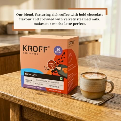 Image of KROFF Mocha Latte Coffee Pods | Dolce Gusto Compatible | Chocolate Coffee Blend with Creamy Milk | 10 Pods Per Box