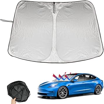 ROCCS Windshield Sun Shade Compatible with Tesla Model 3/Model Y 2016-2026 - 210T Double Layer Blocking Fabric Foldable Heat Shield Sun Visor - Folding Sunshade with Elastic Rope and Storage Bag