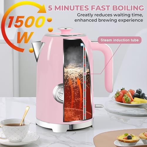 Image of SUSTEAS Electric Kettle - 57oz Hot Tea Water Boiler with Thermometer, 1500W Fast Heating Stainless Steel Pot, Cordless LED Indicator, Auto Shut-Off & Boil Dry Protection, Pink