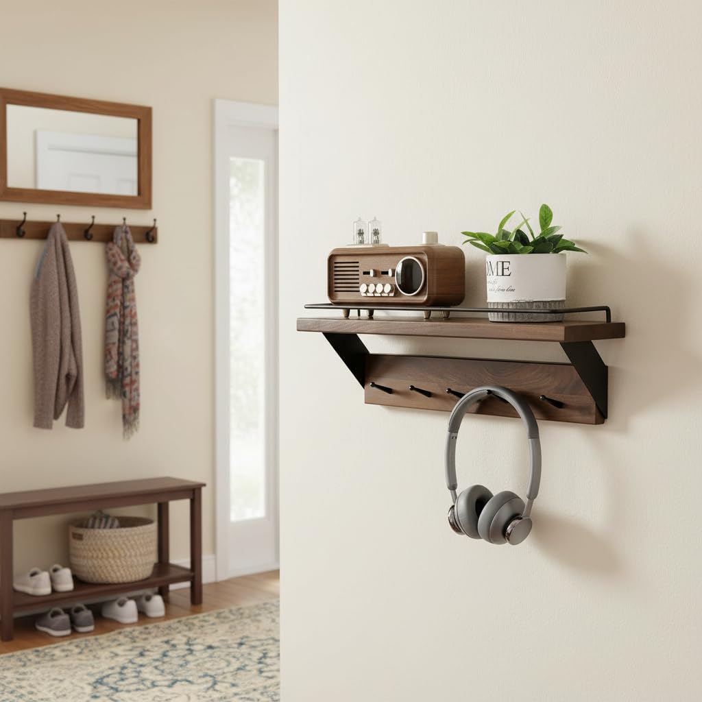 Coat Rack Wall Mount with Shelf - American Black Walnut Solid Wood, Wall Shelf with Hooks, Entryway Floating Shelves with 5 Hooks and Metal Frame for Kitchen, Living Room, Bedroom