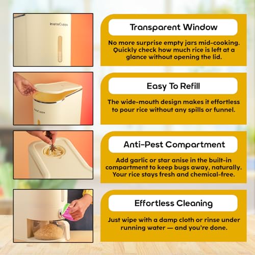 Image of InstaCuppa 10 Kg Rice Dispenser, Airtight Plastic Dry Grain Storage Container with Measuring Cup & Strainer, BPA-Free & Odorless, Single-Button Dispensing Kitchen Organizer