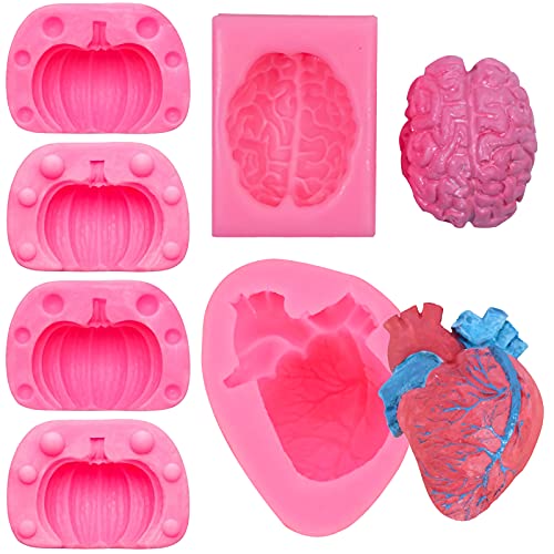 4 x Halloween-Kuchen-Fondant-Formen, 3D-Form, menschliches Herz, Gehirn-Form, Eis, Mousse, Halloween, Kürbis, Silikon, Fondant, Form für DIY-Kuchendekorationen, Polymer-Ton-Bastelprojekte Cover