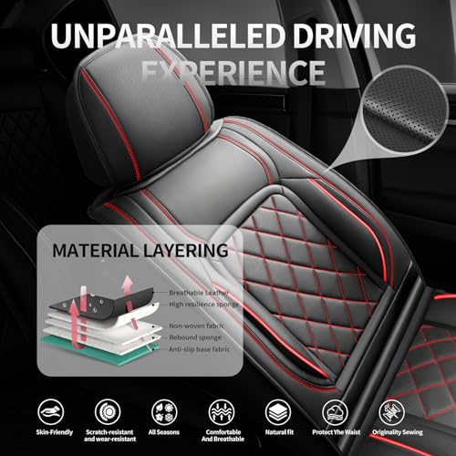 Image of Car Seat Covers Compatible with Chevy Equinox 2011-2025 2026, Premium Leather Breathable, Wear Resistant, Airbag Compatible, All-Weather Protection & Full Coverage, 2 Front Seat Red Line Black