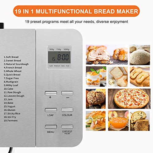 Bread Maker Machine KITCANIS, 2.2LB Stainless Steel Bread Machine, 15H Timer&1H Keep Warm, Sourdough, Gluten-Free, Dough Maker, Bread Making Machine with Nonstick Pan, Recipes, 650W