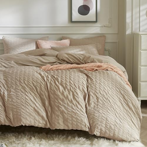 Image of JELLYMONI Seersucker Duvet Cover Set Twin, 3pcs Khaki Polyester | In Dorm & Kids Room, Single Sleepers Pick, Crinkled Texture, Oeko-Tex Certified, 8 Corner Ties & Hidden Zipper