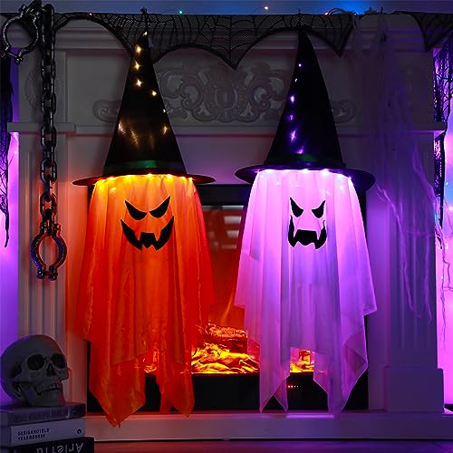 ​BokingOne Halloween Decoration 2 Pcs Large Halloween Lighted Glowing Ghost Witch Hats, Hanging Ghost Ornaments for Indoor Outdoor Home, Garden, Tree, Yard Party Decor​
